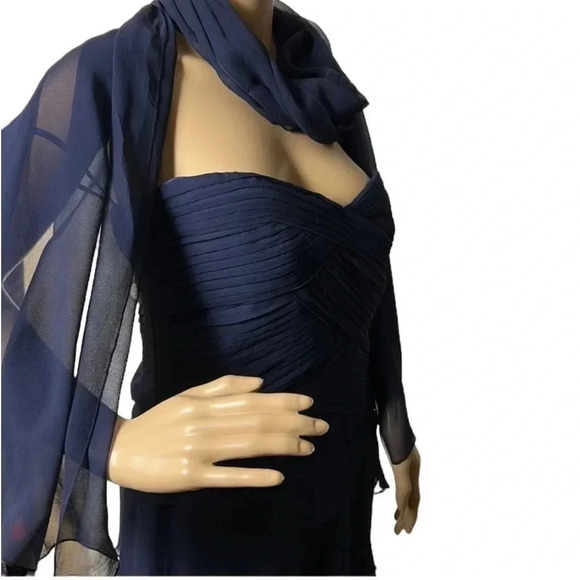 JOVANI NY Blue 100 SILK event dress .Strapless maxi with pleats and shawl - Picture 8 of 15
